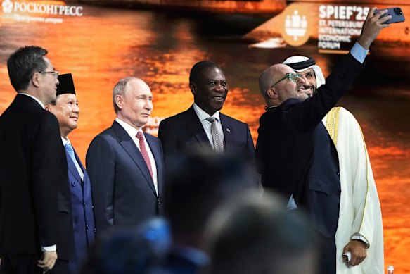 From left: Chinese Vice Premier Ding Xuexiang, Indonesian President Prabowo Subianto, Putin, South African Deputy President Paul Mashatile, Sky News Arabia general manager Nadim Koteich and Bahrain’s Shaikh Nasser bin Hamad Al Khalifa at the forum.