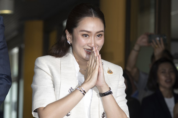 Leader of the Pheu Thai Party Paetongtarn Shinawatra arrives at the party’s headquarters in Bangkok, Thailand.