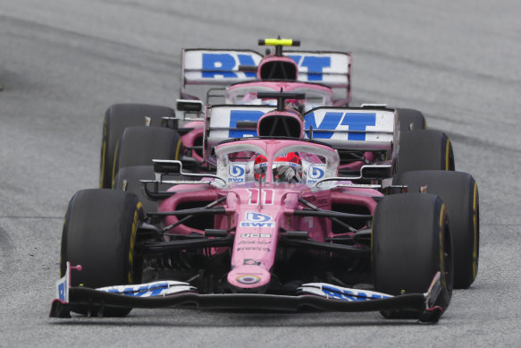 Sergio Perez leads Racing Point teammate Lance Stroll in the Styrian Grand Prix.