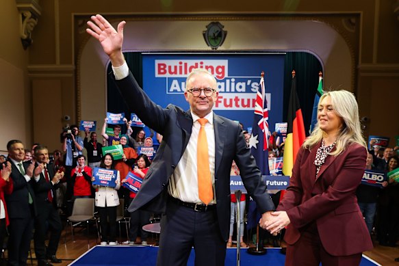 Prime Minister Anthony Albanese and Jodie Haydon during the Building Australia’s Future rally at the Parramatta Town Hall.