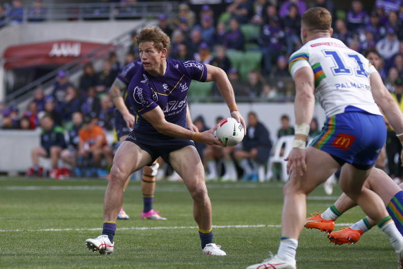 Melbourne Storm’s Harry Grant gets a pass away during the win over  the Canberra Raiders at AAMI Park on Sunday.