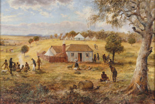 Joseph Anderson Panton painting of Buckley, in dark coat and hat, far left, talking to Kulin people near the Yarra River, 1837. 