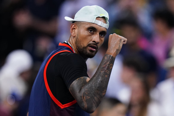 Nick Kyrgios celebrates after beating J.J. Wolf to set up a clash with Daniil Medvedev.