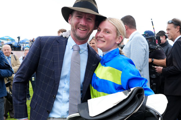 Ciaron Maher and Jamie Melham after Another Wil wins the Orr Stakes at Caulfield.