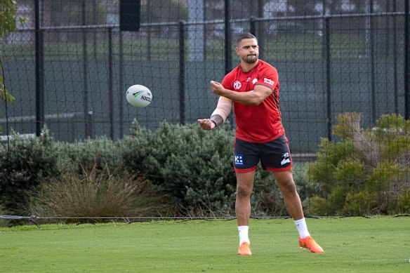 Latrell Mitchell takes part in Tuesday’s light session at Heffron Park.