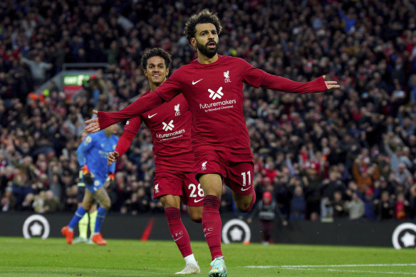 Mohamed Salah celebrates after hitting Liverpool’s winner.
