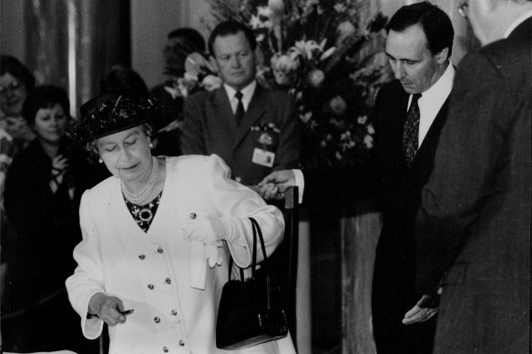Then prime minister Paul Keating with the Queen at Parliament House, Canberra, in February 1992. 