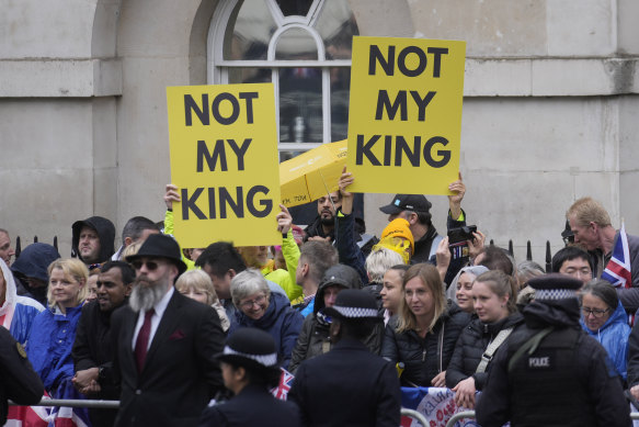 Members of the anti-monarchist group Republic staged a protest along the procession route ahead of the coronation of King Charles.