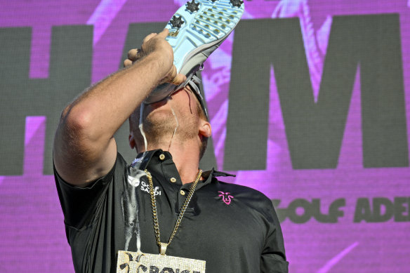 Talor Gooch celebrates victory with a shoey.  But will the LIV Golf hangover outlast the buzz?