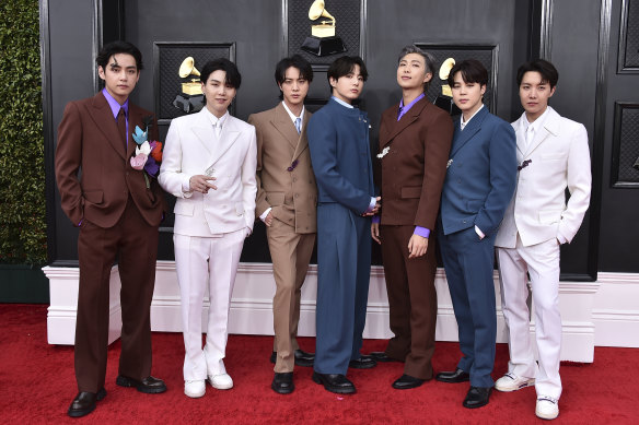 BTS arrives at the 64th Annual Grammy Awards on April 3, 2022, in Las Vegas.