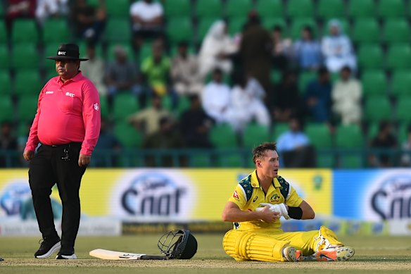 Marnus Labuschagne reacts after getting dismissed during game three of the ODI series.