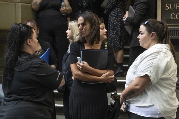 Celeste Manno’s mother, Aggie Di Mauro (centre), outside the Supreme Court on Monday.