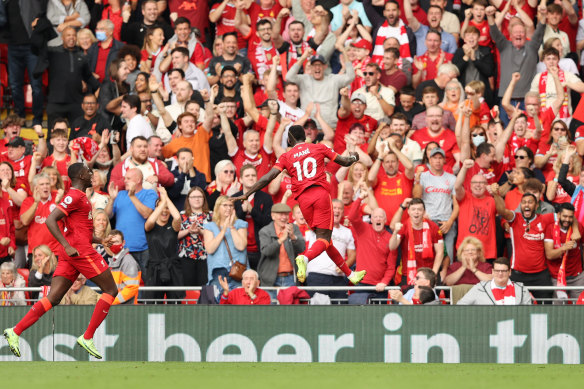 Sadio Mane celebrates scoring for Liverpool.