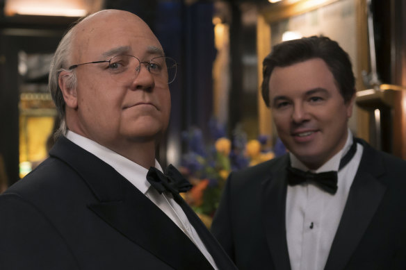 Russell Crowe as Roger Ailes, pictured with Seth MacFarlane as Brian Lewis, in The Loudest Voice.