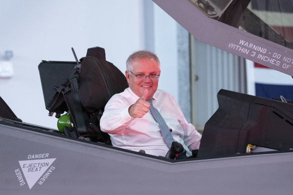 Scott Morrison sits in an F-35 while visiting the RAAF base in Williamtown last year.