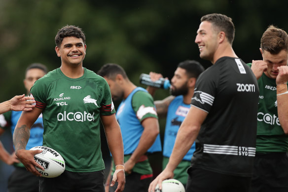 Latrell Mitchell and Sam Burgess at training during a happier time earlier in the year.