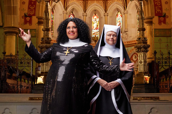 Casey Donovan as Deloris Van Cartier and Genevieve Lemon as Mother Superior in the Australian production of Sister Act.