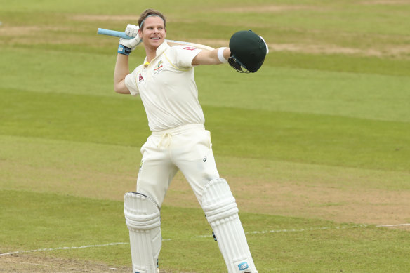 'Bradman incarnate': Australian star batsman Steve Smith celebrates at Edgbaston.