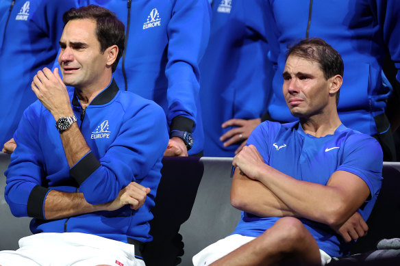 A sad Roger Federer and Rafael Nadal after the Swiss star’s last match, at the Laver Cup in September.