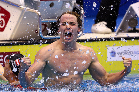 Sam Short celebrates after winning gold in the opening race of the world championships in the men’s 400m freestyle. 