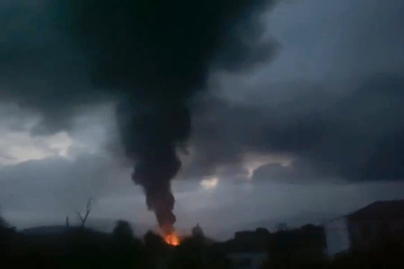 Smoke rising after a fuel depot explosion near Stepanakert, Nagorno-Karabakh.