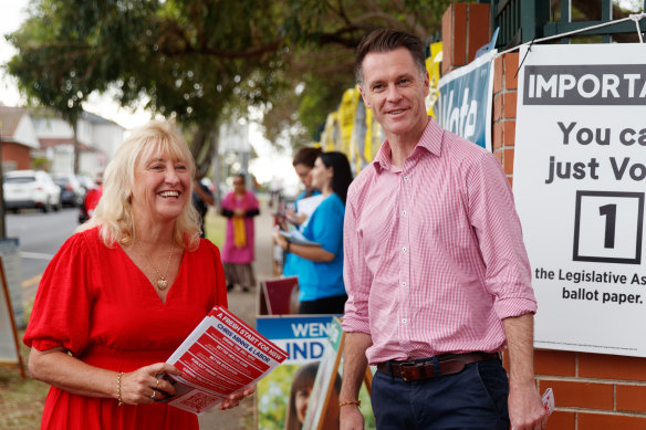 NSW Labor leader Chris Minns joins local Labor candidate Kylie Wilkinson at Panania polling station in the East Hills electorate.