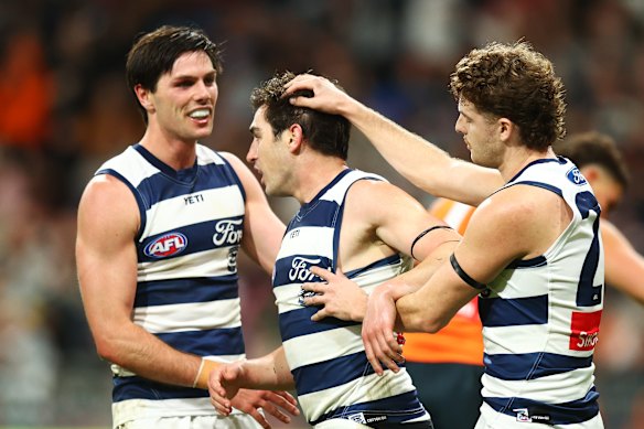 Shaun Mannagh of the Cats celebrates scoring a goal.
