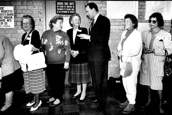Then Labor prime minister Paul Keating queues for afternoon tea with women from western Sydney’s Bankstown electorate in August 1993. 