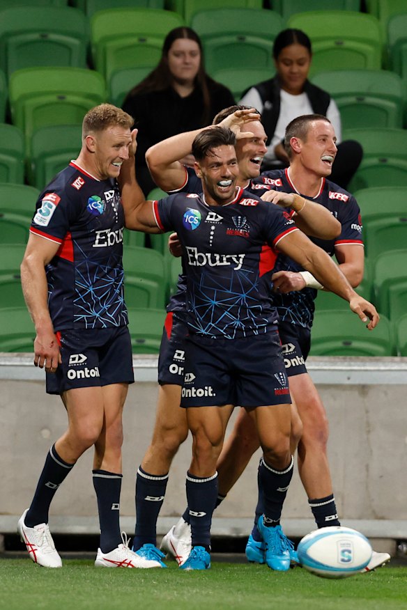 Rebels winger Lachie Anderson celebrates after scoring.