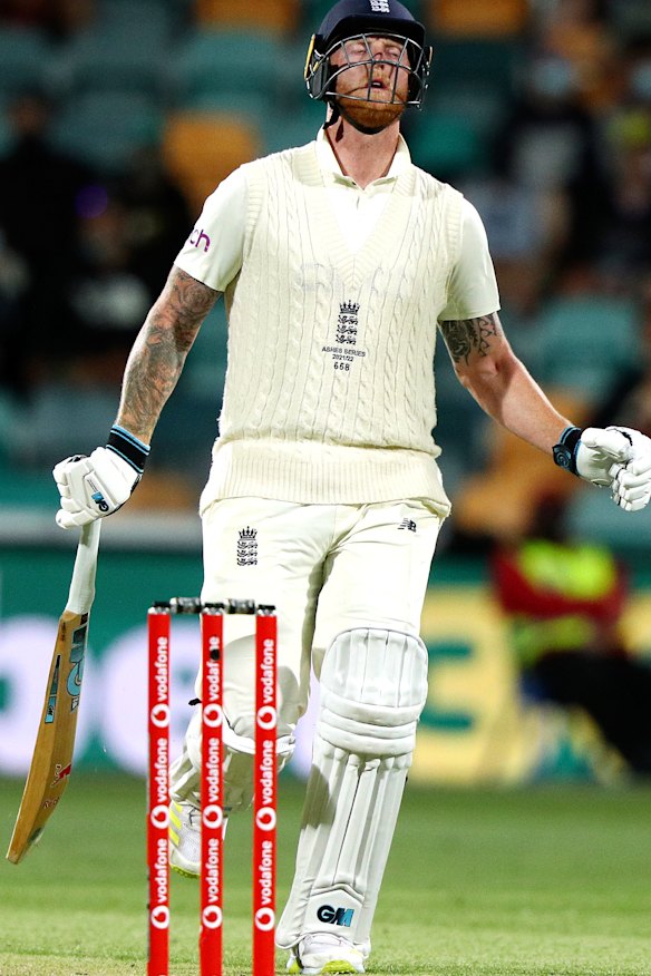 Ben Stokes grimaces after his dismissal in Hobart.