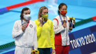 Silver medalist Katie Ledecky USA), gold medallist Ariarne Titmus of Team Australia and bronze medalist Bingjie Li of Team China pose with their medals for the Women’s 400m Freestyle Final on day three of the Tokyo 2020 Olym