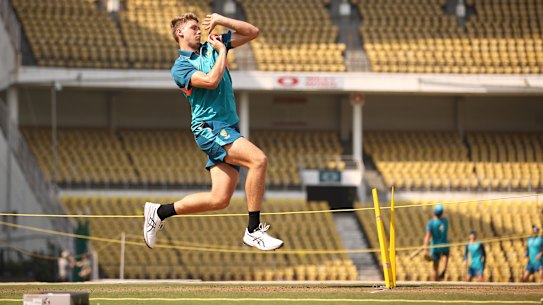 Cameron Green bowls during a training session at Vidarbha Cricket Association Ground. 