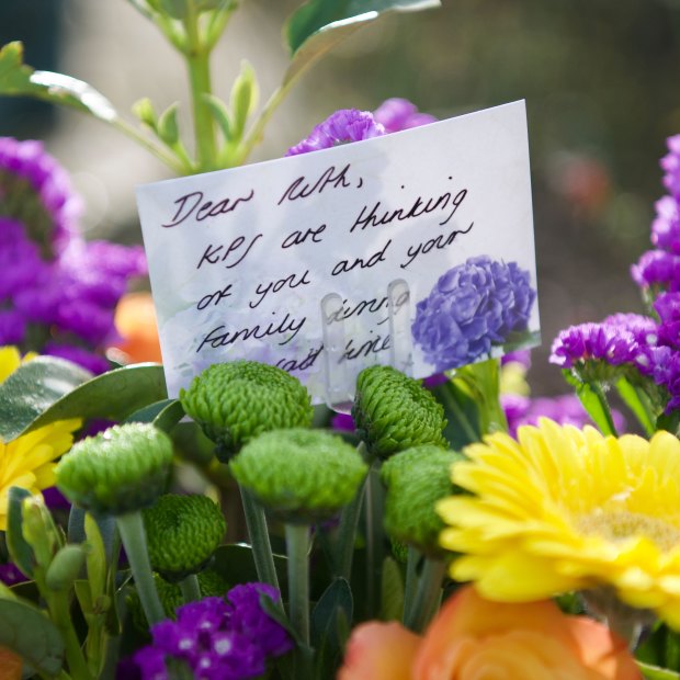 Floral tributes outside Korumburra Baptist Church for the mushroom poisoning victims.