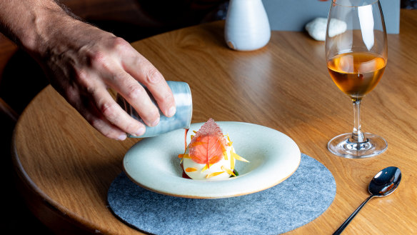 L’Enclume’s dessert of strawberries, bee pollen, chamomile cake, milk ice-cream and cream of sweet herbs.   