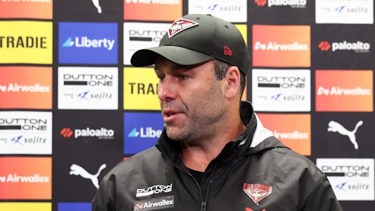 Essendon interim coach Dean Solomon speaks on Thursday, having taken over from former coach Brad Scott.