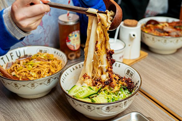 Noodles come in nine different shapes at Bowltiful, ranging from ultra thick to thin and round.