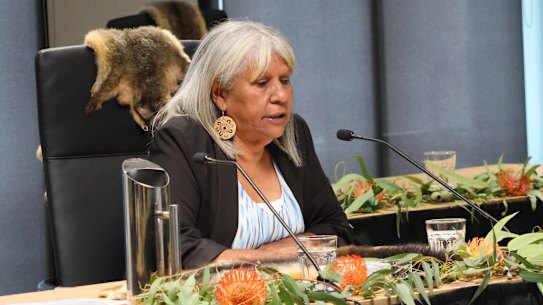 Aunty Eva Jo Edwards speaks at the Yoorrook Justice Commission inquiry. 