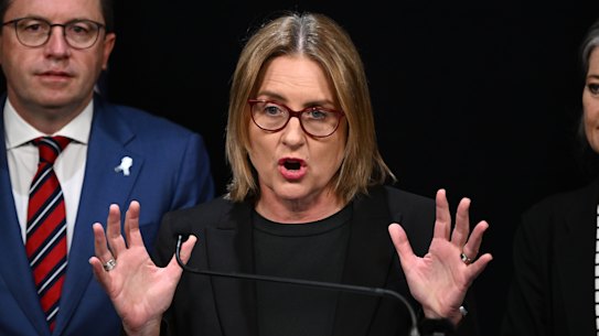 Police Minister Anthony Carbines, Premier Jacinta Allan and Attorney-General Sonya Kilkenny announce changes to Victoria’s bail laws.