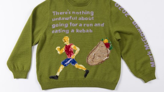 Emma Buswell's 'There's nothing unlawful about going for a run and having a kebab' 2020. Handknitted jumper, wool. On loan from the artist at Art Gallery of Western Australia.
