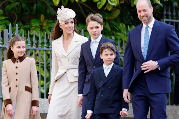Princess Charlotte of Wales, Catherine, Princess of Wales, Prince George of Wales, Prince Louis of Wales, and Prince William, Prince of Wales attend the traditional Easter Sunday Mattins Service at St George's Chapel, Windsor Castle on April 5, 2026 in Windsor, England. (Photo by Max Mumby/Indigo/Getty Images)
