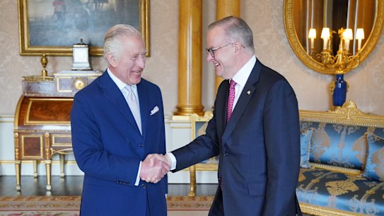 King Charles III with Prime Minister Anthony Albanese at Buckingham Palace in May.