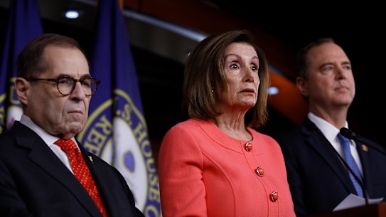 House Speaker Nancy Pelosi, centre, announced that Jerry Nadler, left, and Adam Schiff would be among the House prosecutors.