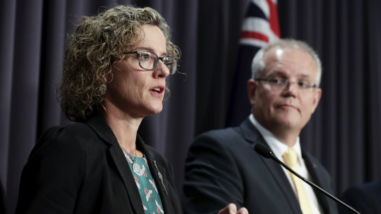 Our Watch chief executive Patty Kinnersly, pictured with Prime Minister Scott Morrison, says plans to tack violence against women have focused too strongly on individual behaviours and not stopping perpetrators.