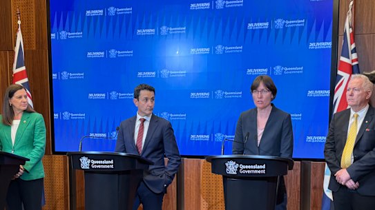 Attorney General Deb Frecklington, Premier David Crisafulli, Dr Kirsty Wright and former NSW police commissioner Mick Fuller during the announcement of a report into Queensland Forensic Testing.