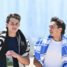 Zac Ristevski (white shorts) and Roman Abelseth at Brighton beach. 
