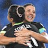 Sam Kerr congratulates Mary Fowler on her return to the international scoreboard. Both players were returning from ACL injuries, but played big minutes in the tournament.