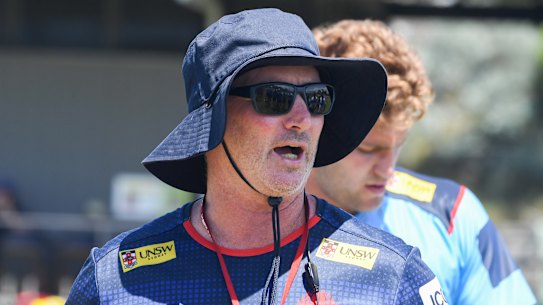 SMH Sport Sydney. Story :  Iain Payten. Photo shows, Waratahs coach Darren Coleman during a training session. Photo Peter Rae Tuesday 15 February, 2022