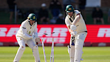 Australia’s Scott Boland is bowled by South Africa’s Wiaan Mulder.