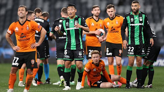 Brisbane Roar players (orange) during the A-League Elimination Final match against Western United at Bankwest Stadium in Sydney on August 23, 2020. The Roar lost 1-0, which ended their A-League season.