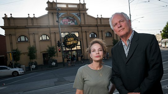 Actor Sigrid Thornton and film producer husband Tom Burstall outside the Victoria Market.